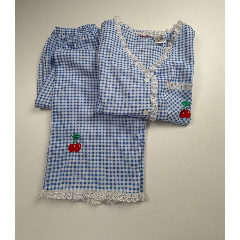 Spotlight Pajama Set Womens L Blue Gingham Cherry Eyelet Lace 2 Piece